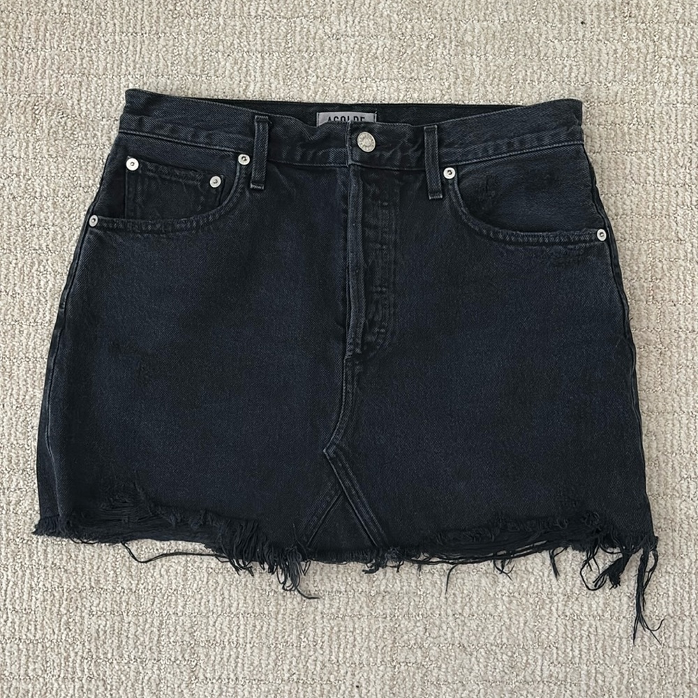AGOLDE Quinn high rise black distressed raw hem mini skirt